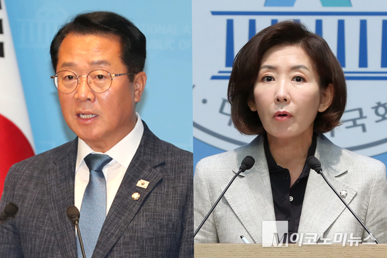 문금주 더불어민주당 원내대변인(왼쪽)과 나경원 국민의힘 의원. 사진=최동환 기자