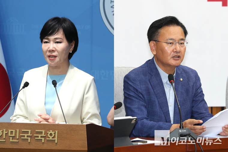 더불어민주당 3대특검 종합대응 특별위원회 위원장인 전현희 의원(왼쪽)과 유상범 국민의힘 원내운영수석부대표. 사진=최동환 기자