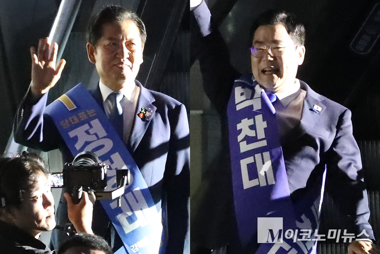 정청래(왼쪽)·박찬대 당대표 후보가 2일 고양시 일산 킨텍스 제2전시장에서 열린 차기 당대표를 선출하는 전국임시당원대회에 참석하고 있다. 사진=최동환 기자