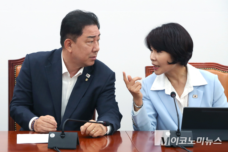 김병기 더불어민주당 원내대표와 한정애 정책위의장이 7일 국회 본관에서 열린 정책조정회의에서 대화하고 있다. 사진=최동환 기자