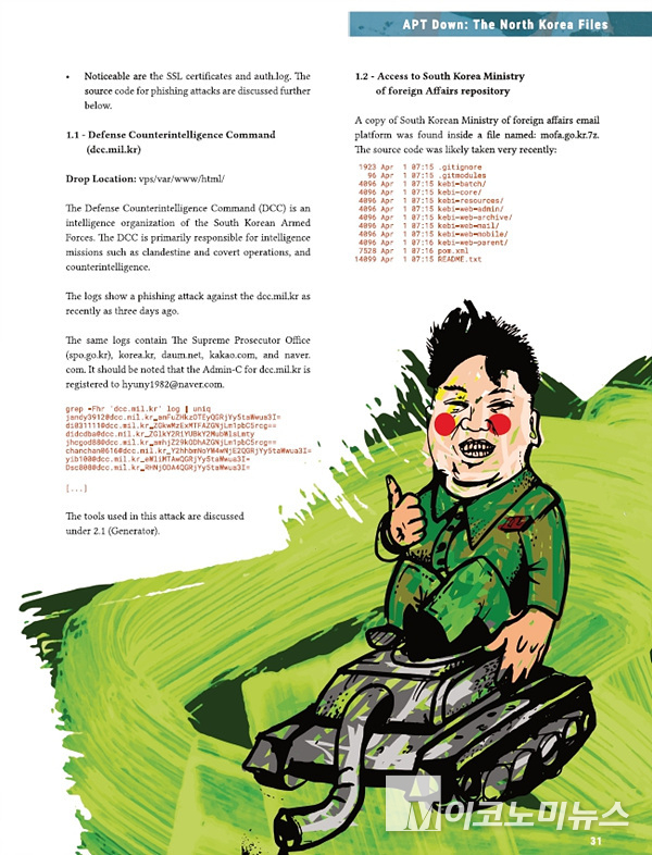 해킹 매거진 ‘프랙’이 8일 공개한 ‘APT Down-The North Korea Files’ 보고서(일부). 이미지=해당 보고서