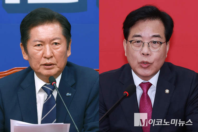 정청래 더불어민주당 대표(왼쪽)와 송언석 국민의힘 비상대책위원장 겸 원내대표. 사진=최동환 기자