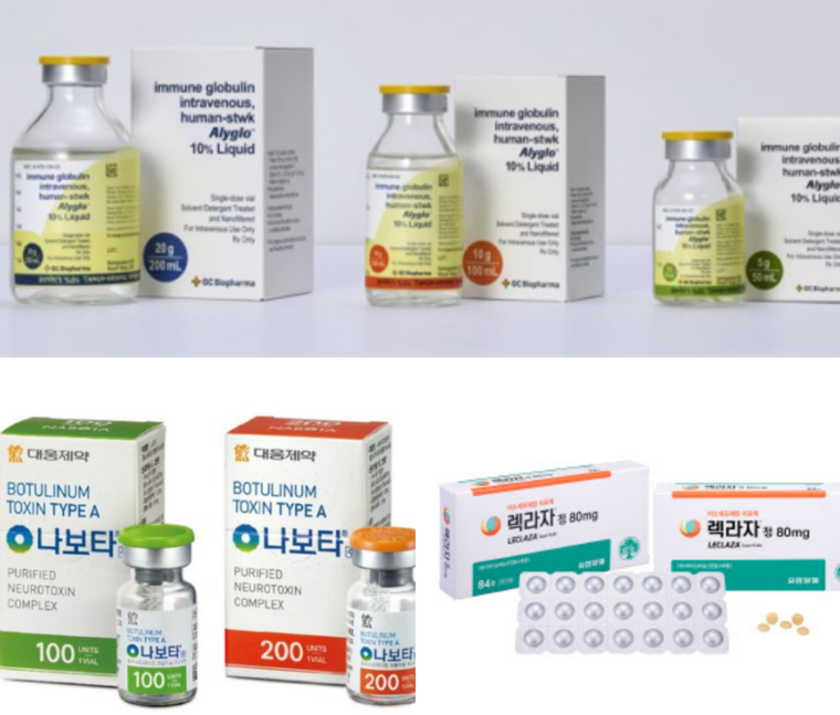 GC녹십자 '알리글로'', 대운제약 '나보타', 유한양행 '렉'라자' 제품 이미지. 사진=각 사