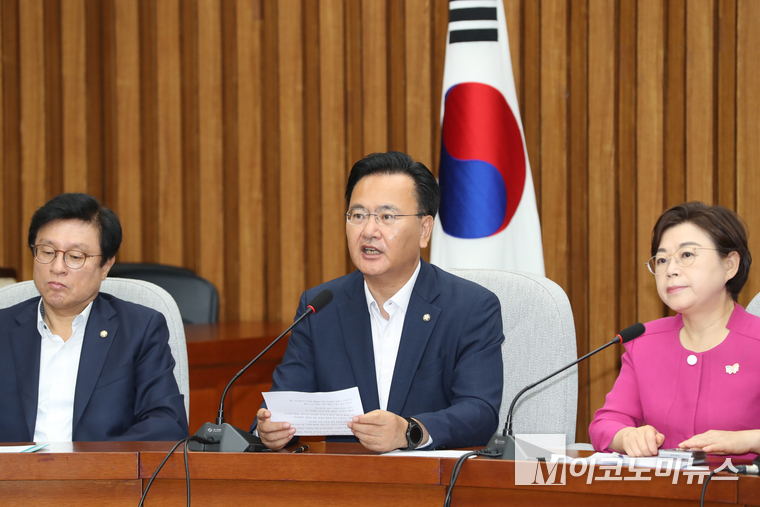 유상범 원내수석부대표가 19일 국회 본관에서 열린 원내대책회의에서 발언하고 있다. 사진=최동환 기자