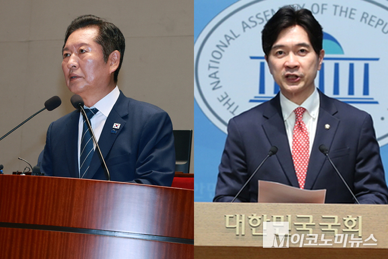 정청래 더불어민주당 대표(왼쪽)와 박성훈 국민의힘 수석대변인. 사진=최동환 기자