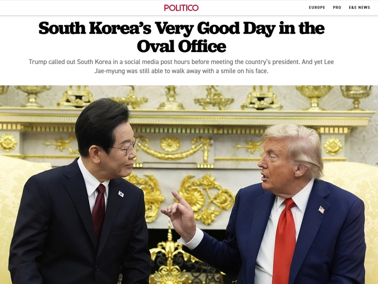 '한국, 백악관 집무실에서 큰 성과 거둔 날'이라는 제목의 미국 정치 전문지 '폴리티코' 기사. 사진=폴리티코 홈페이지 캡쳐 