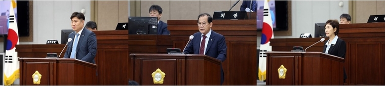 김동은(사진 좌측부터), 이찬용, 사정희 의원이 5분 자유발언을 하고 있다 <수원특례시의회 제공>