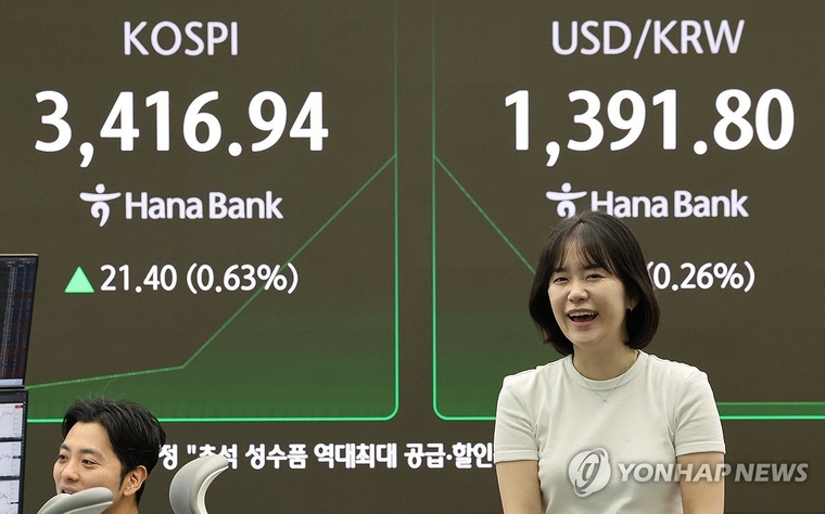 서울 중구 하나은행 본점. 15일 오전 9시 3분 현재 코스피는 전장보다 20.22포인트(0.60%) 오른 3,415.76에서 거래되고 있다. 사진=연합뉴스 
