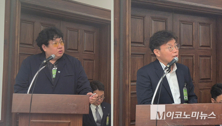 최덕환 한국풍력산업협회 실장과 이상래 한국선급 팀장(왼쪽부터)이 주제발표를 하고 있다. 사진=김영명 기자