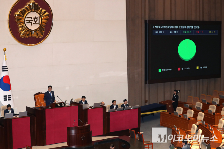 우원식 국회의장이 27일 제429회국회(정기회) 제9차 본회의에서 「방송미디어통신위원회의 설치 및 운영에 관한 법률안」 가결을 선언하고 있다. 사진=최동환 기자
