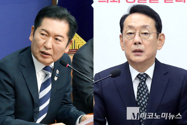 정청래 더불어민주당 대표(왼쪽)와 김도읍 국민의힘 정책위의장. 사진=최동환 기자