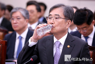 「M포토」 외통위 국정감사 출석해 물 마시는 조현 외교부 장관